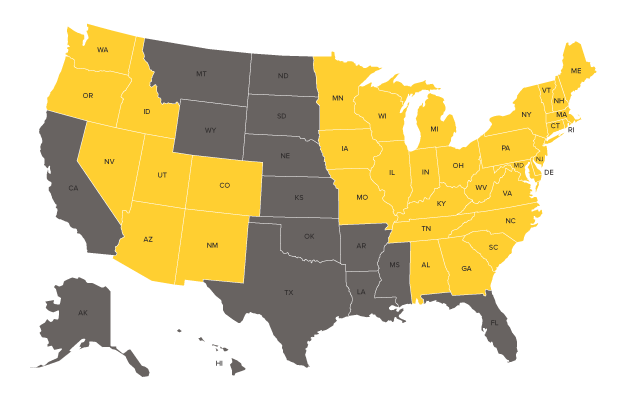 Selective commercial lines operations footprint map, with serviced states highlighted in yellow.